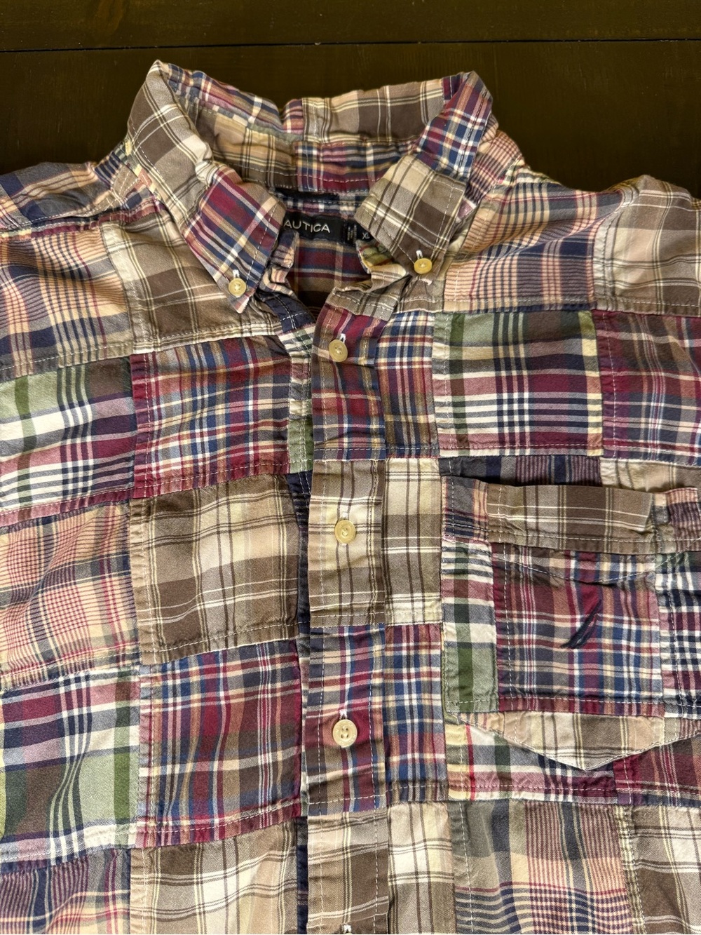 Nautica Vintage Patchwork Madras Plaid Short Sleeve Button Down Shirt XL